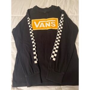 Vans Small Long Sleeve T-Shirt Black Yellow Checkered Mens Classic Fit